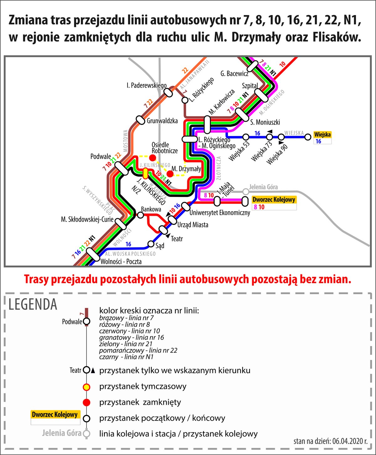 Mapka ze zmienionym przebiegiem tras autobusów i legendą.