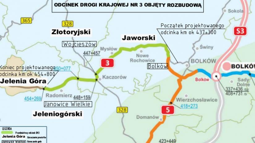 Plan regionu z zaznaczonym odcinkiem drogi krajowej nr 3 do przebudowy.