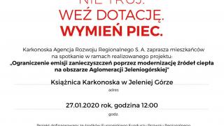 Plakat informacyjny o spotkaniu ws. dotacji do wymiany źródła ogrzewania, 27 stycznia 2020 roku o godz. 12.00 w Ksiąznicy Karkonoskiej.